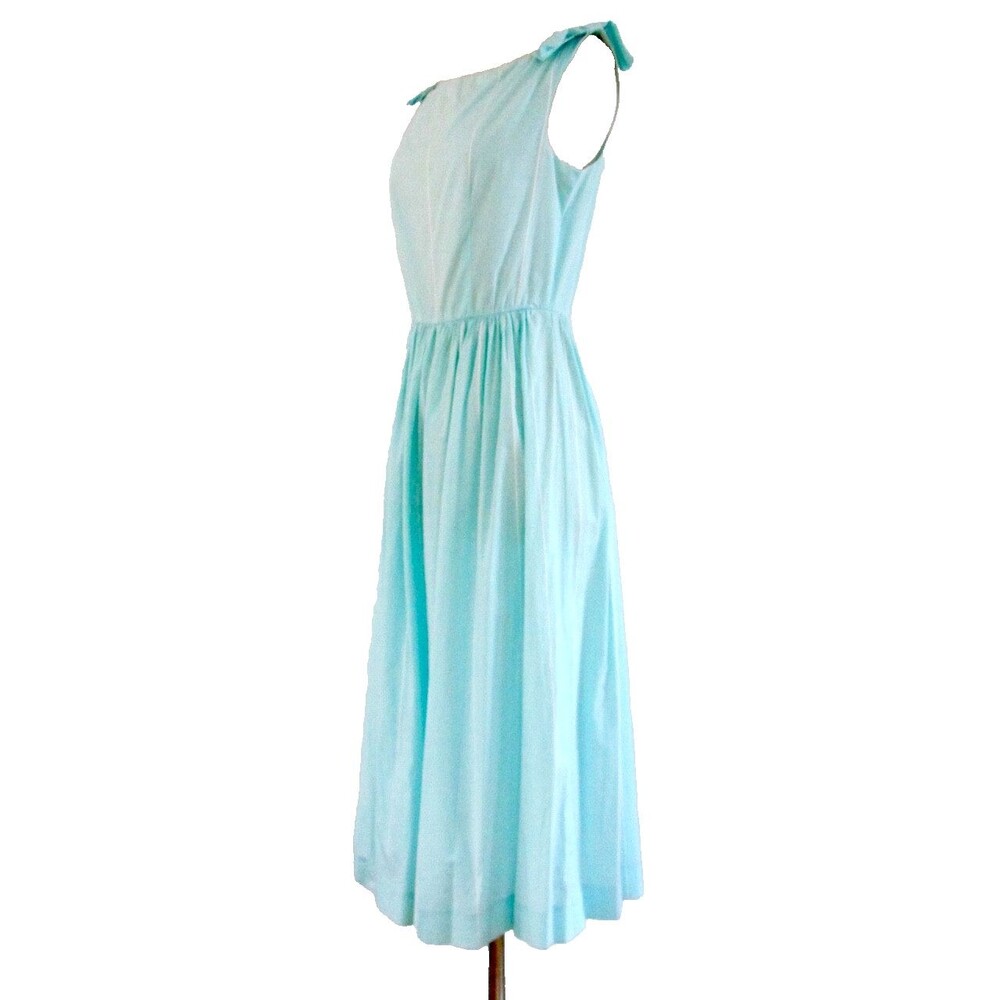 Vintage Bow Accent Dress Pastel Green White Stripe Pleated Flare S/M Cotton